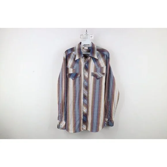 Vintage 70s Streetwear Mens Large Rainbow Striped Western Snap Button Shirt - Picture 1 of 13